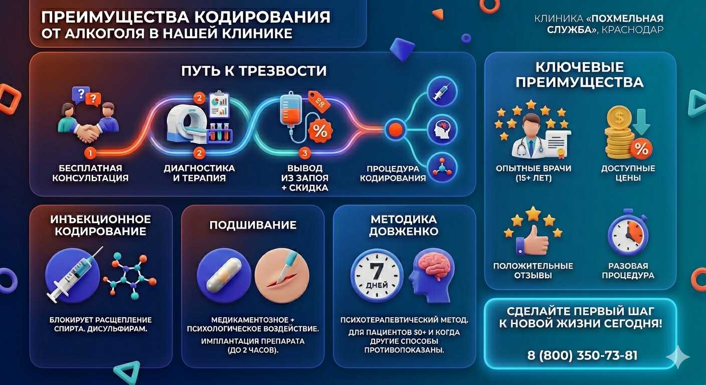 Инфографика о методах кодирования от алкоголя в Могойтуе: инъекции, подшивание, метод Довженко. Преимущества клиники и этапы лечения.